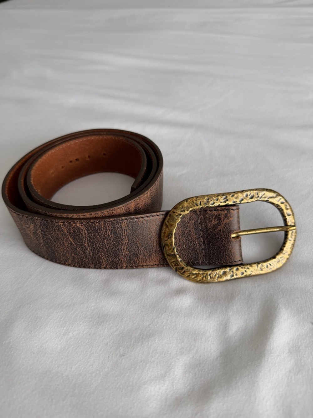 Leatherock Brown Leather Belt Antiqued Gold Hammered Buckle Equestrian Western